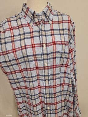 Brooks Brothers Light Blue Plaid Linen Regent Button-Down Shirt with Red & Navy